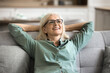 © fizkes - Satisfied older woman wear glasses casual blouse resting leaned on soft cozy couch in living room, smile, enjoy pleasant carefree relaxation alone at home. Fatigue relief, smart home owner, comfort