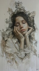 Wall Mural - Woman in a Wall: A Surreal Portrait of Introspection