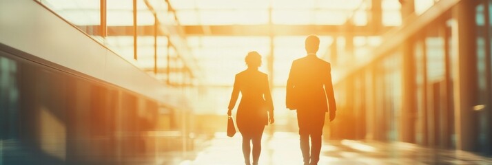 Wall Mural - Blurred motion of business people walking in the office building with a white metal frame, background for banner design Generative AI