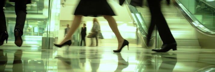 Wall Mural - A blurred background of office workers walking on glass stairs, with some wearing heels and business attire Generative AI