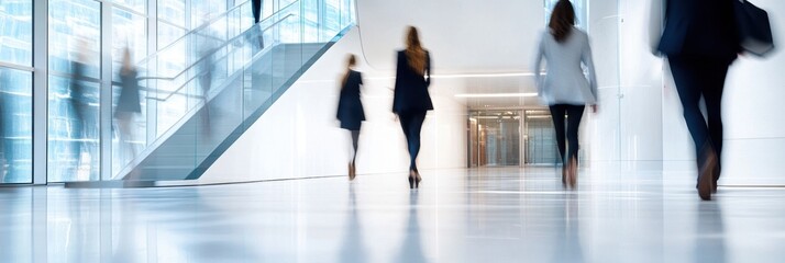 Business people walking in the office building, with motion blur Blurred background with glass walls and a white staircase People wearing business attire, with women's shoes visible Generative AI