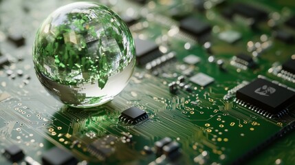 Poster - a crystal sphere sits atop a circuit board, blending nature with technology.
