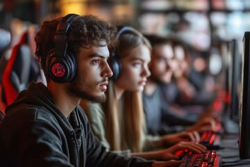 Group of serious focused multi-ethnic gamers sitting in row and playing video game on modern computers, Generative AI