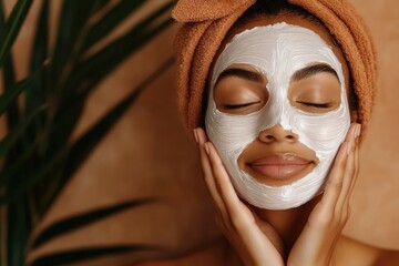 white and brown, A woman receiving a beauty treatment like a facial, facial mask, hair styling, or makeup, with a serene and confident expression