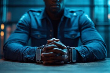 Close up of anonymous black man wearing handcuffs sitting at table in police department with hands clasped, copy space, Generative AI