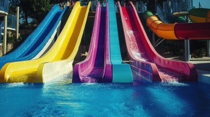 Colorful water slides at a pool, inviting fun and leisure activities.