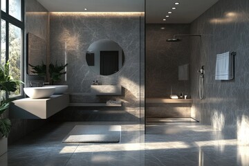 Modern Grey Bathroom Interior with Elegant Shower, Washbasin, and Mirror