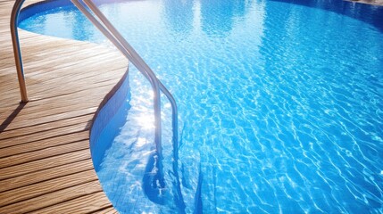 A clear blue swimming pool with a wooden deck and a metallic ladder.