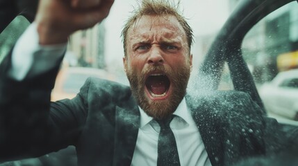 A man in a suit screams intensely in a frantic city scene, filled with dynamic motion and emotional tension, amidst a backdrop of bustling traffic.