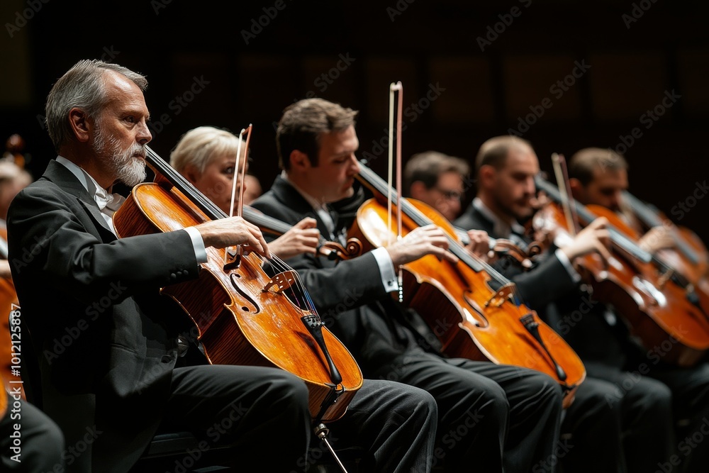 Chamber quartet of string musicians sitting in row on stage with ...