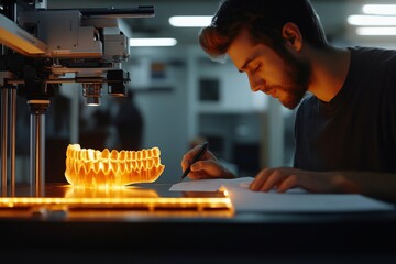 Medium shot of illuminated toothed jaw bone model on hot bed of enclosed 3D printer, unrecognizable male technician filling in paper in blurred, Generative AI