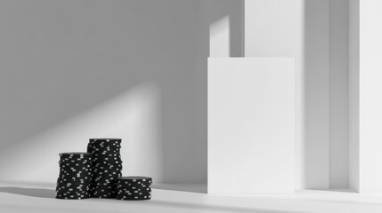 Poster - a minimalist display featuring patterned containers and a blank panel in a bright space.