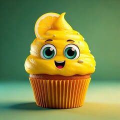 Sticker - Cute Cartoon Lemon Yellow Cupcake Character with Big Eyes