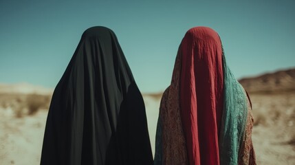 Two figures stand in a desert landscape, wearing traditional cultural attire with one in black and the other in burgundy and teal, highlighting cultural diversity and unity.