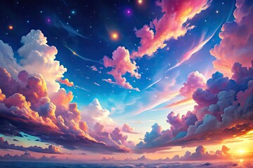 Dreamy Anime Sky with Vibrant Colors and Whimsical Clouds in a Serene Fantasy Landscape Scene