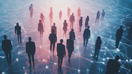Poster - silhouettes of people amidst a digital network, symbolizing connectivity and technology.
