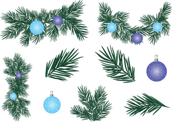 Wall Mural - A set of green pine branches with Christmas balls. Vector illustration of a Christmas pine flower with large and small balls isolated on a white background.