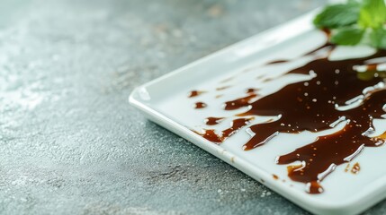 A delicate drizzle of dark, syrupy sauce scatters across a white plate with mint leaves, showcasing artistic presentation, freshness, and culinary creativity.