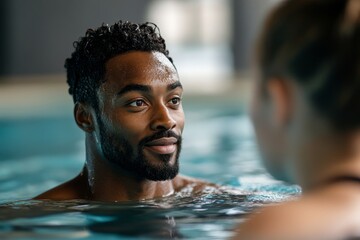 Portrait of handsome African-American fitness coach talking to client in swimming pool, copy space, Generative AI