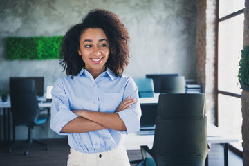 Sticker - Photo of positive good mood lady specialist dressed shirt arms crossed indoors workstation workshop