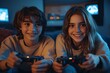 © Pooja - Portrait of two teenage friends playing videogames together with console and having fun, Generative AI