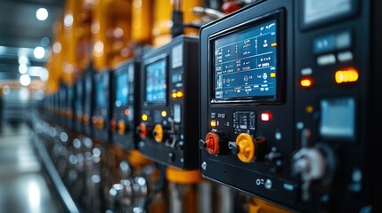 Close-up of a row of industrial control panels with digital displays and buttons.