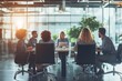 © Pooja - Multi-ethnic group of business people discussing project while sitting at meeting table in graphic office interior, Generative AI