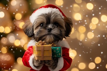 A cute Shih Tzu puppy dressed in a festive Santa Claus outfit, holding beautifully wrapped Christmas gifts.