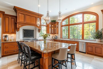 Canvas Print - Cozy kitchen interior with bar island and cooking space, panoramic window, Generative AI