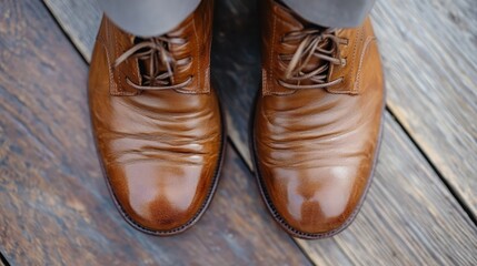 A weathered pair of shiny brown leather shoes are laced and positioned on a rustic wooden floor, reflecting history and elegance over time.