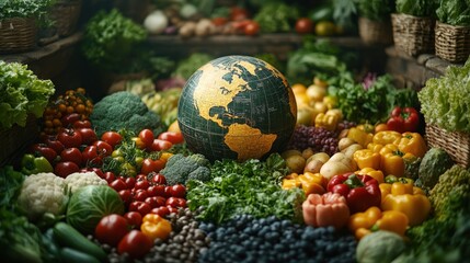 A globe surrounded by fresh fruits and vegetables, symbolizing the global importance of healthy eating and sustainable agriculture.