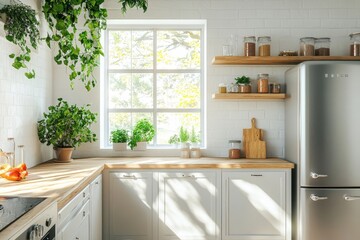 Wall Mural - Light kitchen interior with dining and cooking space near window. Mockup frame, Generative AI