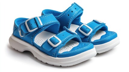 A pair of blue children's sandals with adjustable straps for comfort and support.