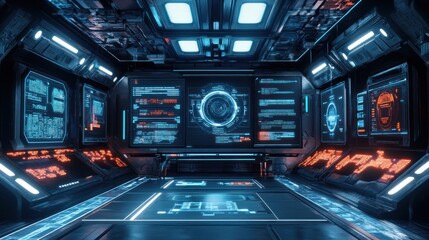 Poster - futuristic control room with holographic displays and high-tech interfaces.