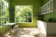 © Anupam - Green home kitchen interior with eating table, bar counter and panoramic window, Generative AI
