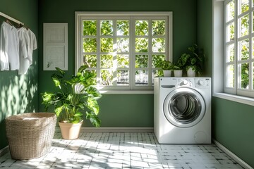 Wall Mural - White and green laundry room interior, Generative AI