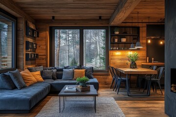 Canvas Print - Dark wooden home living room interior with relaxing and dining zone, window, Generative AI