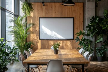 Canvas Print - Wooden glass office meeting interior with conference board. Mockup frame, Generative AI