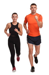 Poster - Woman and man running on white background