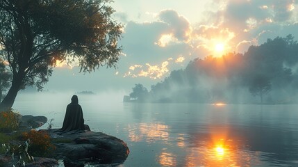 Poster - Solitude at Sunset: A Dreamy Landscape with a Mysterious Figure