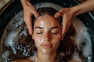 High angle closeup of hairstylist carefully washing hair of male client in beauty salon sink, Generative AI