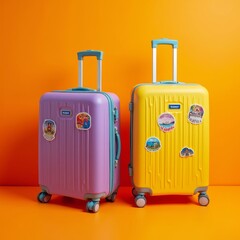 Two suitcases standing on orange background ready for summer vacation