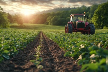 A red tractor drives through a field of green crops at sunset.