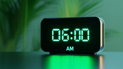 close-up of a digital alarm clock displaying 6 00 am in bright green numbers, with a modern design
