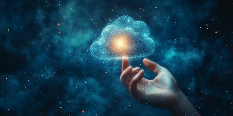 Man finger touch cloud service hologram and global data backup. Copy space, Generative AI