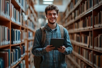 Cheerful confident handsome high school student with satchel standing in modern library and using digital tablet while looking at camera, Generative AI