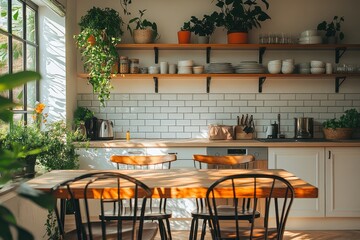 Canvas Print - Home kitchen interior with dining table, cabinet and window. Mock up wall, Generative AI