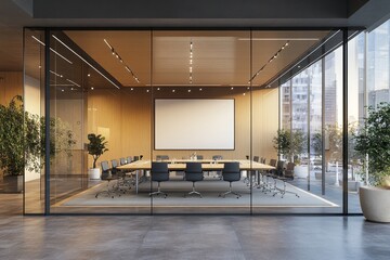 Wall Mural - Glass meeting room interior with board and chairs, window and mock up wall, Generative AI