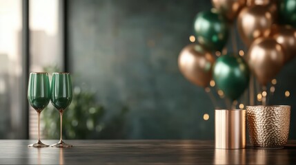 Two elegant green wine glasses with golden rims stand elegantly on a wooden table, surrounded by blurred festive green and gold balloons and soft ambient lighting.