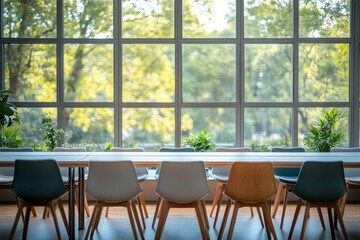 Canvas Print - Office room interior with tables in row, panoramic window. Mockup frame, Generative AI